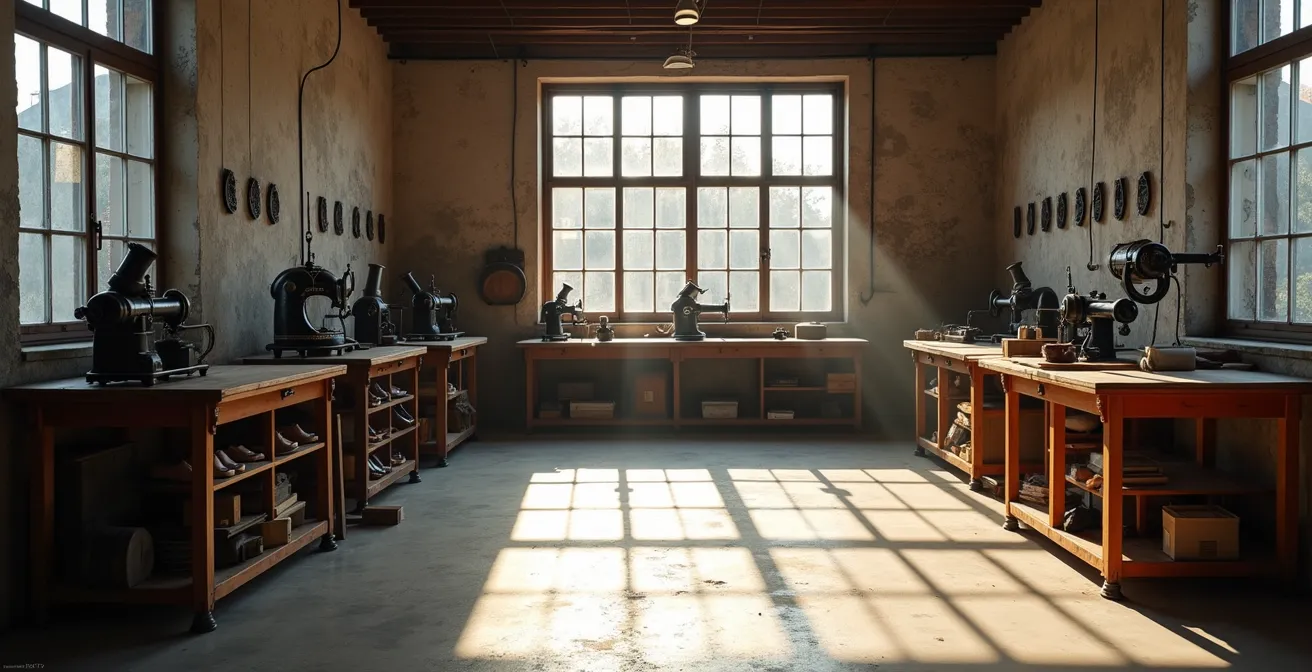 Vue d'ensemble d'un atelier de fabrication de chaussures français avec machines et établis